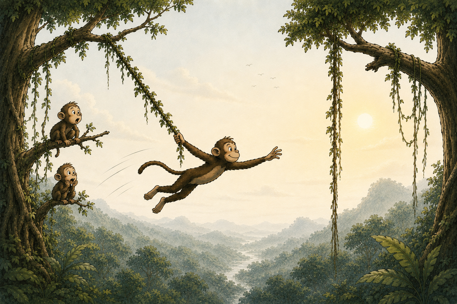 Monkey jumping across trees